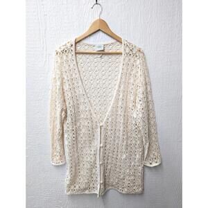 Vintage David Wayne Cream Crochet Cardigan Cottage Fairycore Whimsy Festival Lg